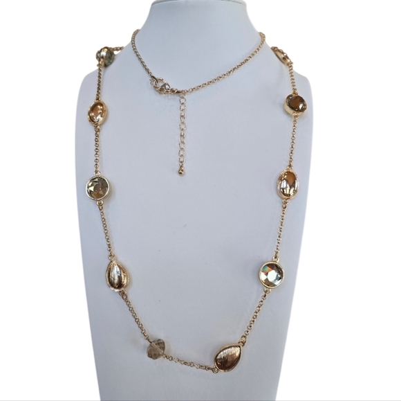Goldtone Round Faceted Smokey Brown Crystal Chain Link Necklace - Picture 4 of 5
